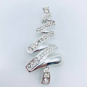 Vintage MONET Christmas Tree Pin Modern Zig-Zag Design Silver Tone Crystals